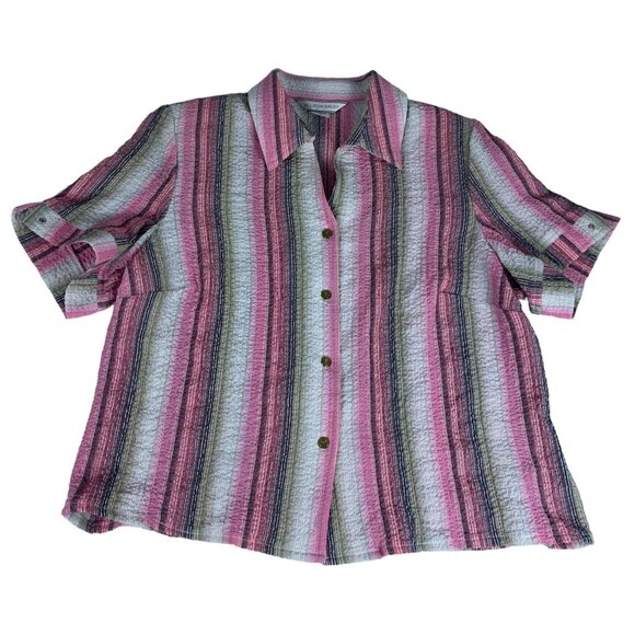 Allison Daley Striped Crinkle Button Up Shirt Womens 14 Pink Multi Shoulder Pads - Picture 1 of 4